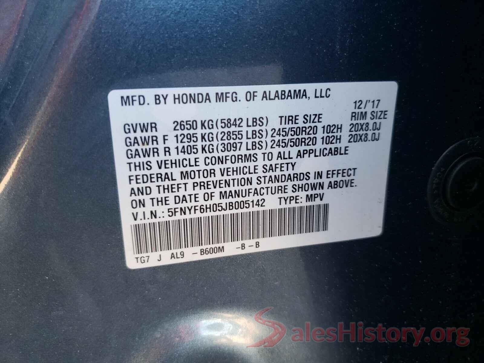 5FNYF6H05JB005142 2018 HONDA PILOT