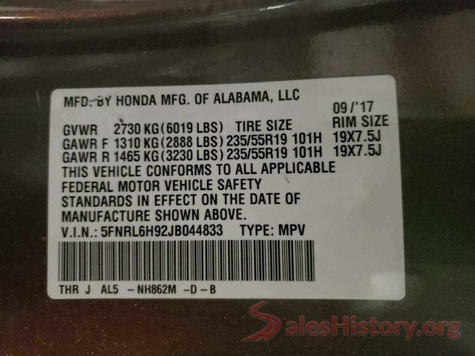 5FNRL6H92JB044833 2018 HONDA ODYSSEY