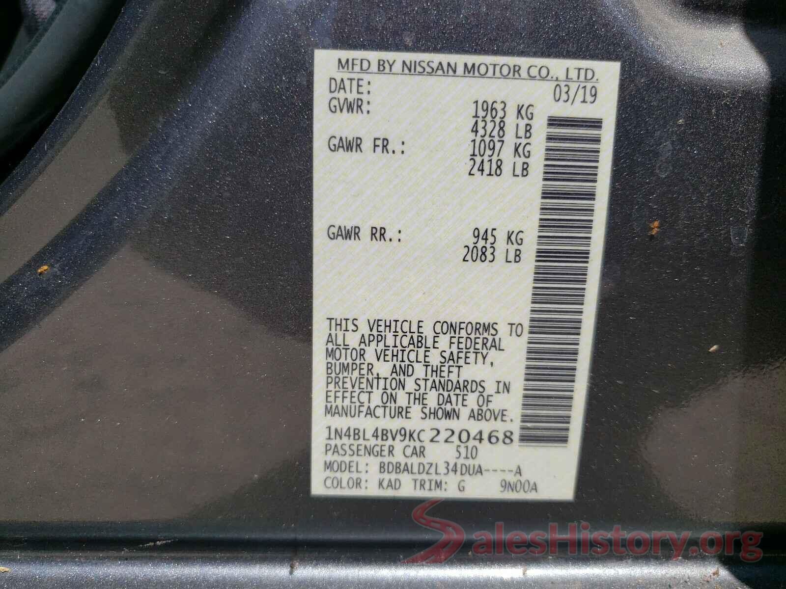 1N4BL4BV9KC220468 2019 NISSAN ALTIMA