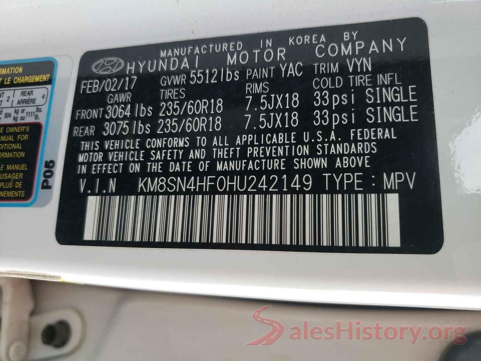 KM8SN4HF0HU242149 2017 HYUNDAI SANTA FE