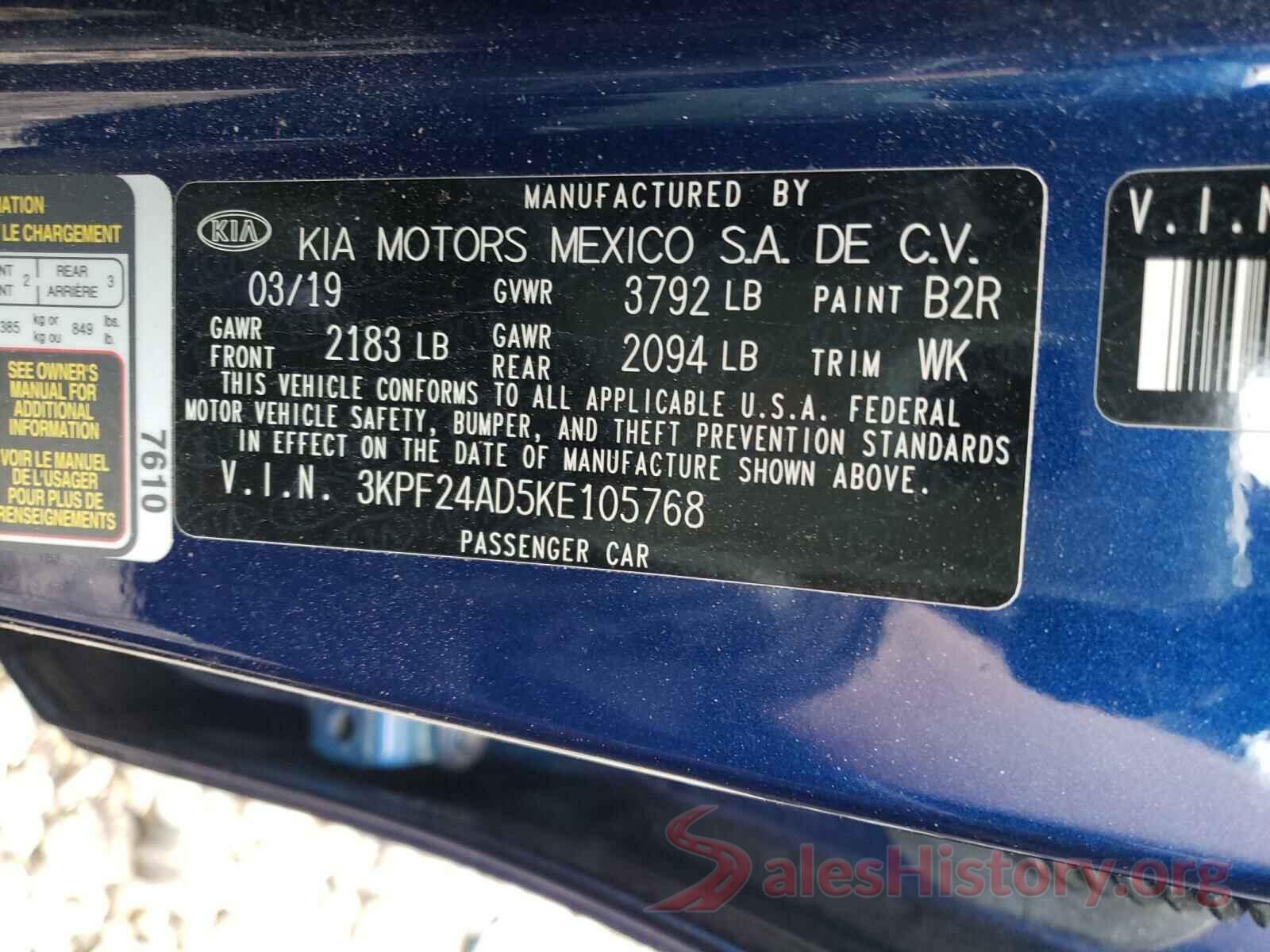 3KPF24AD5KE105768 2019 KIA FORTE