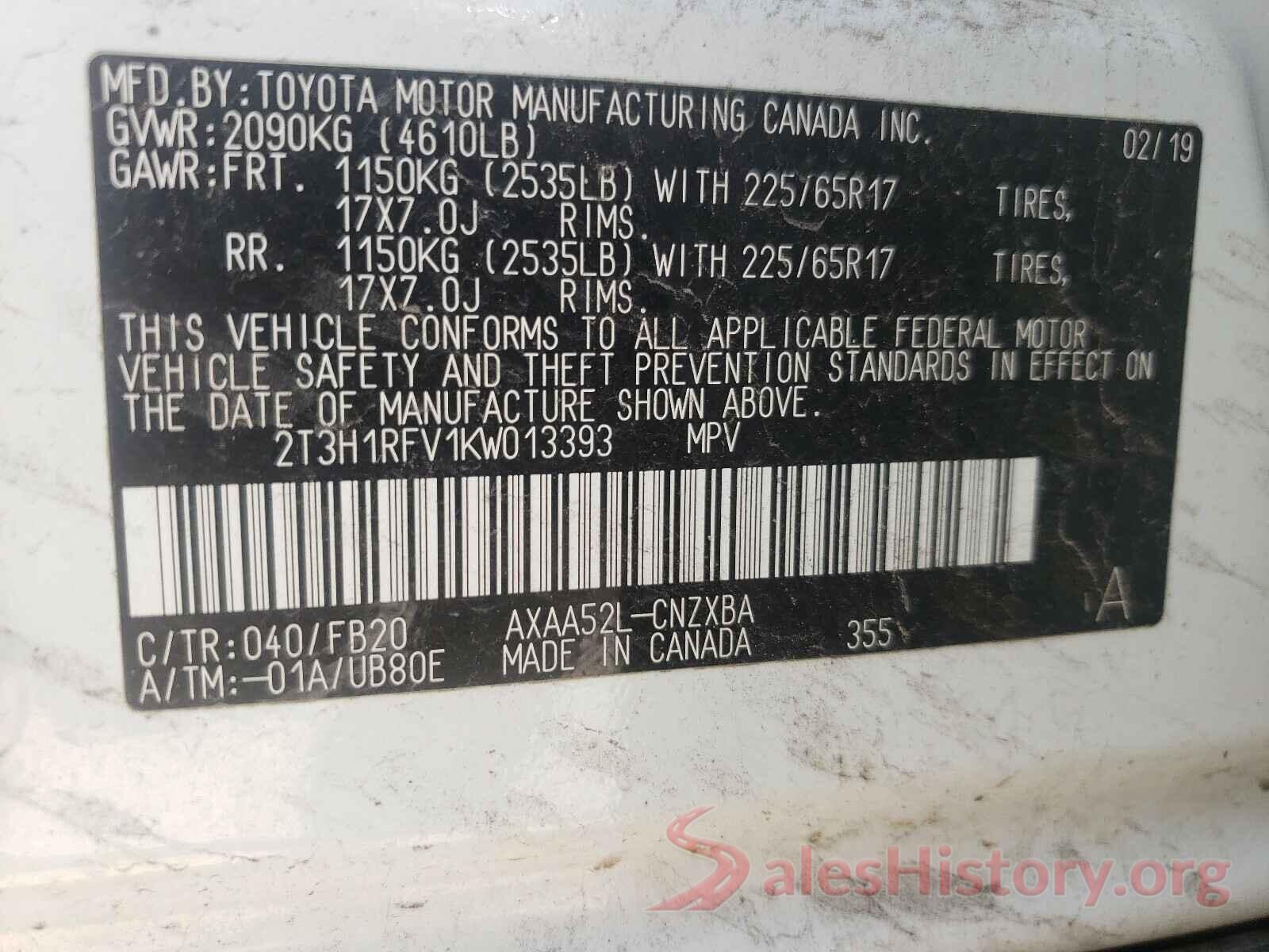 2T3H1RFV1KW013393 2019 TOYOTA RAV4