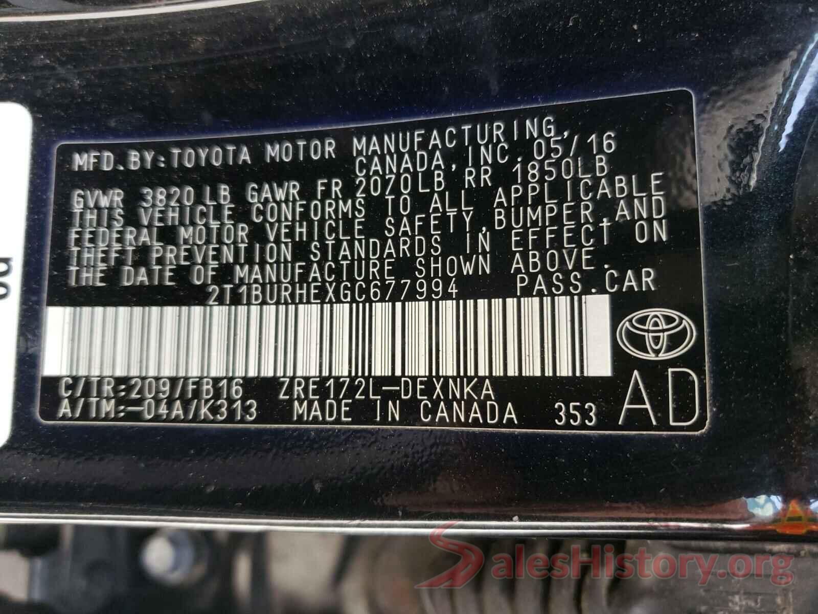 2T1BURHEXGC677994 2016 TOYOTA COROLLA