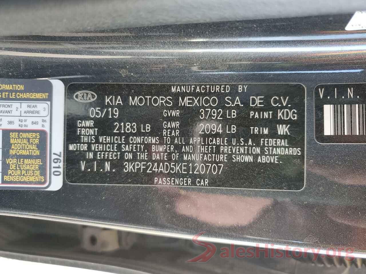 3KPF24AD5KE120707 2019 KIA FORTE