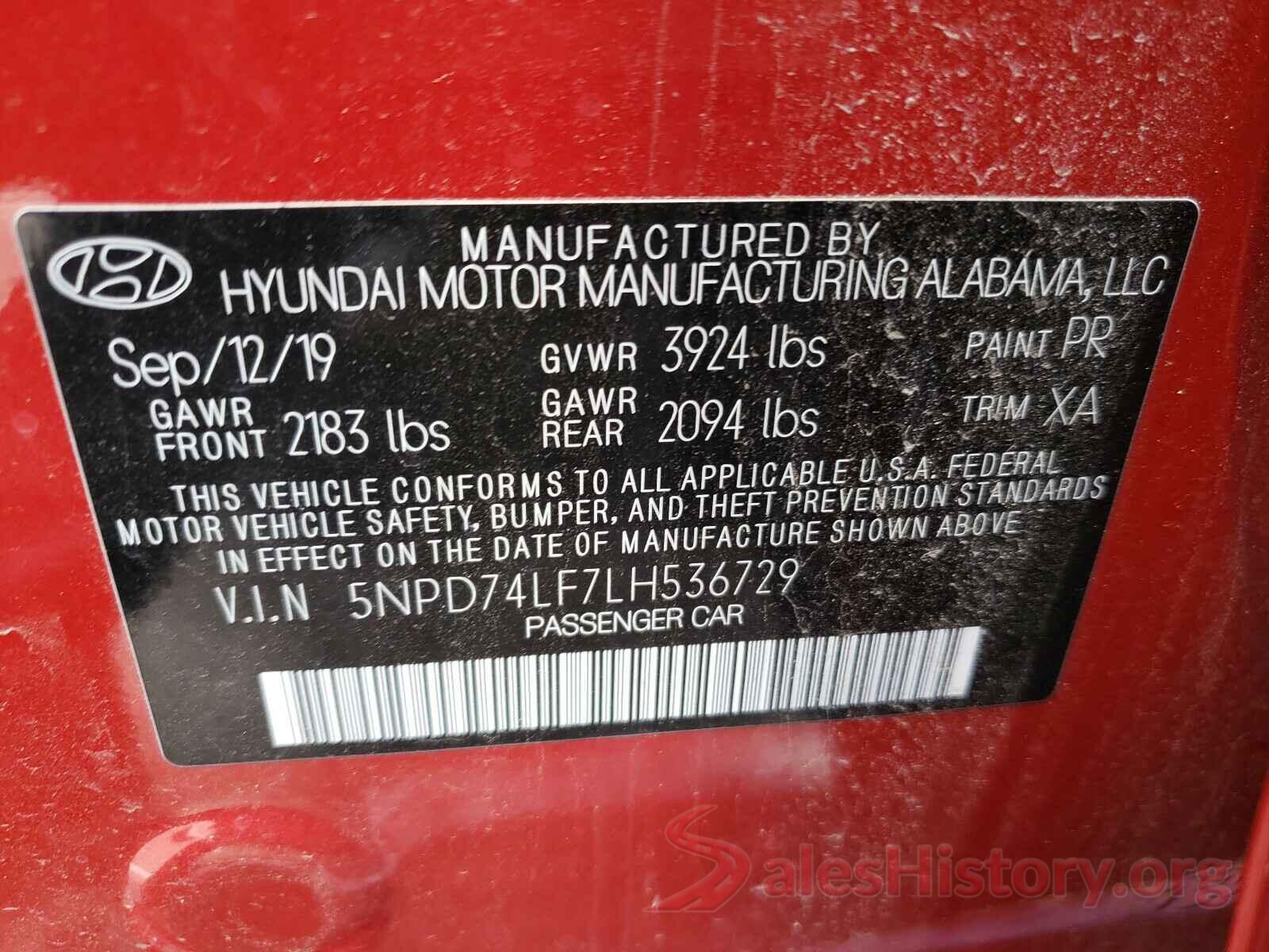 5NPD74LF7LH536729 2020 HYUNDAI ELANTRA