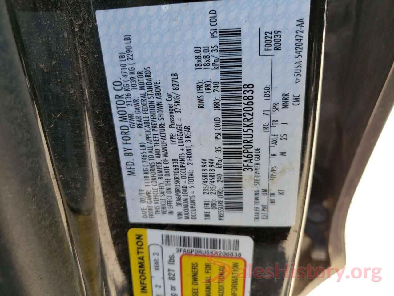 3FA6P0RU5KR206838 2019 FORD FUSION