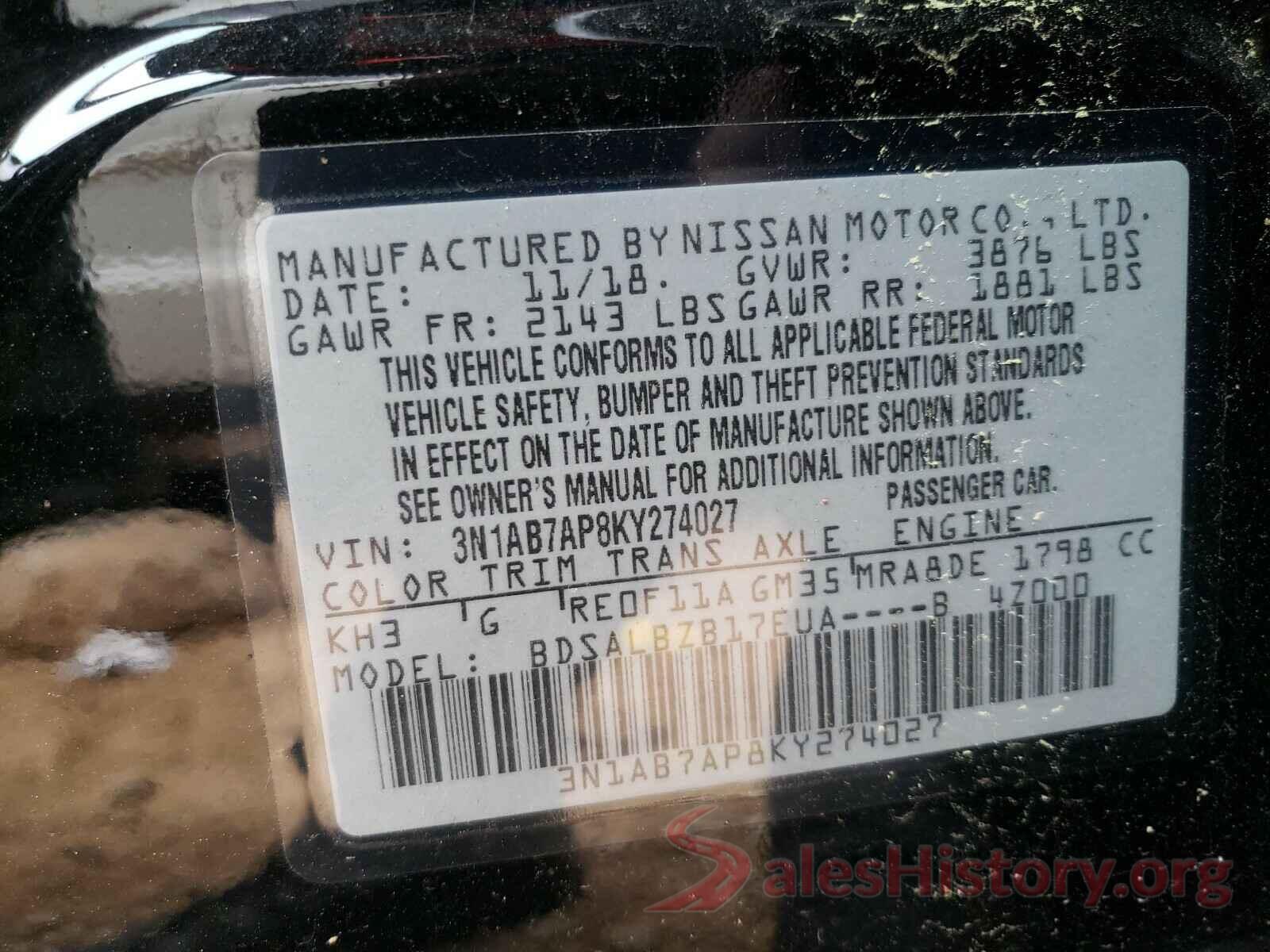 3N1AB7AP8KY274027 2019 NISSAN SENTRA