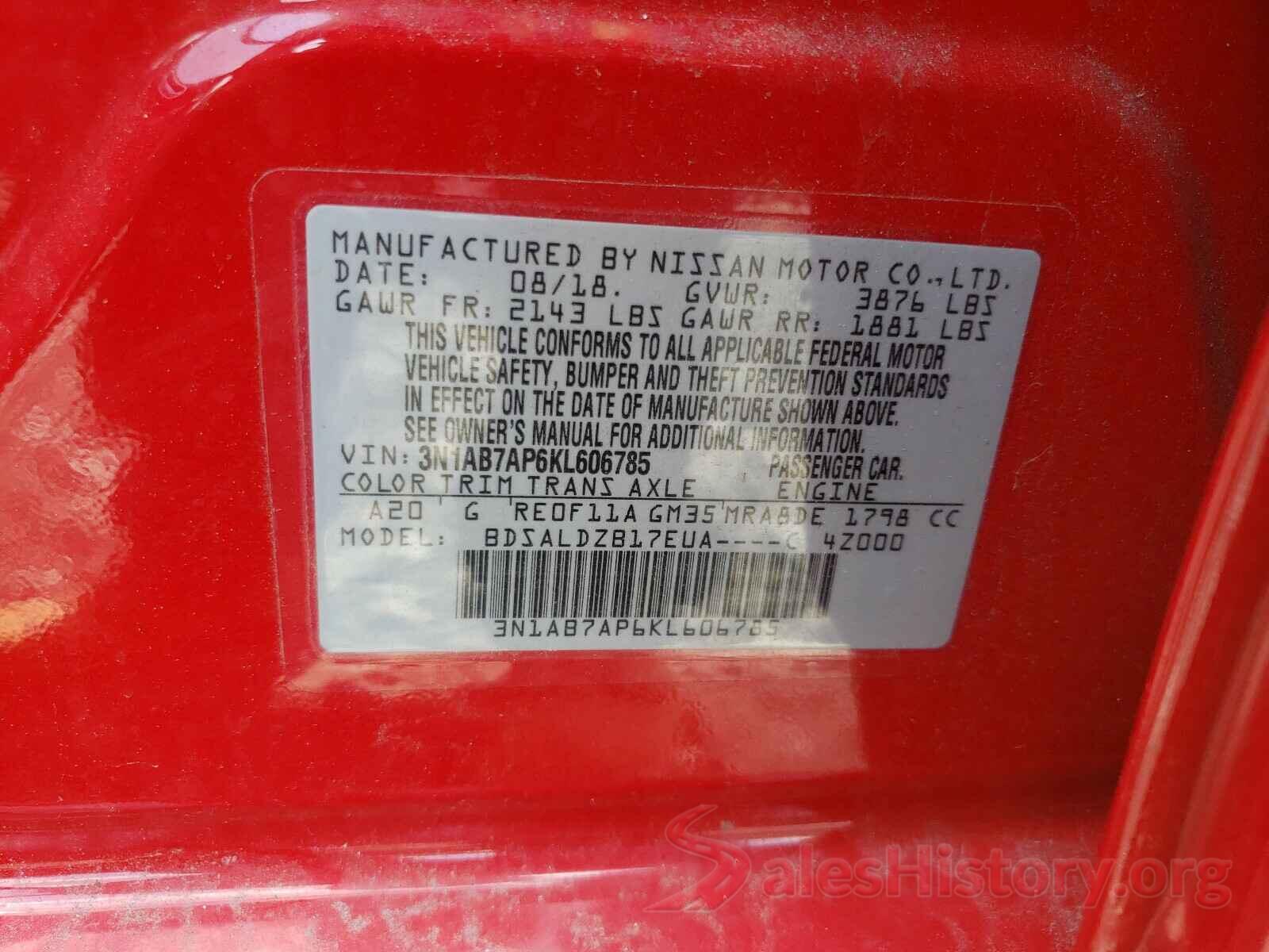 3N1AB7AP6KL606785 2019 NISSAN SENTRA