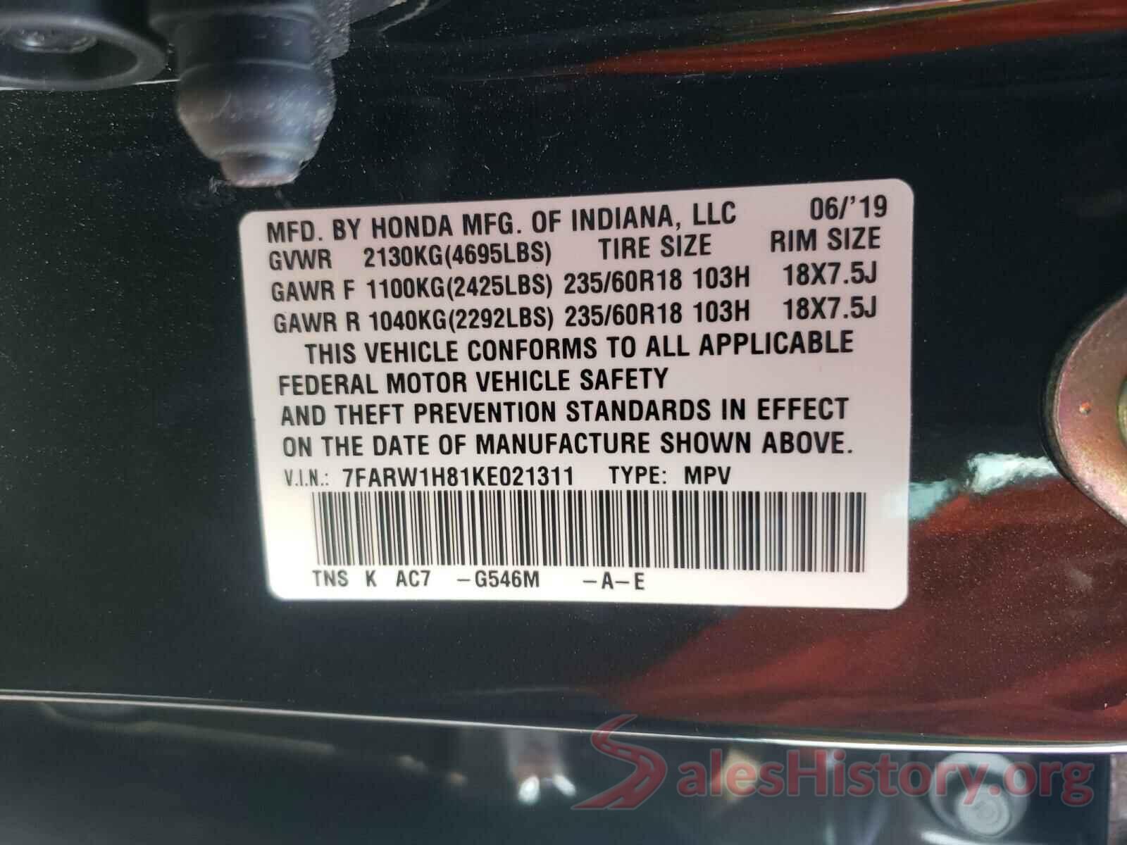 7FARW1H81KE021311 2019 HONDA CRV