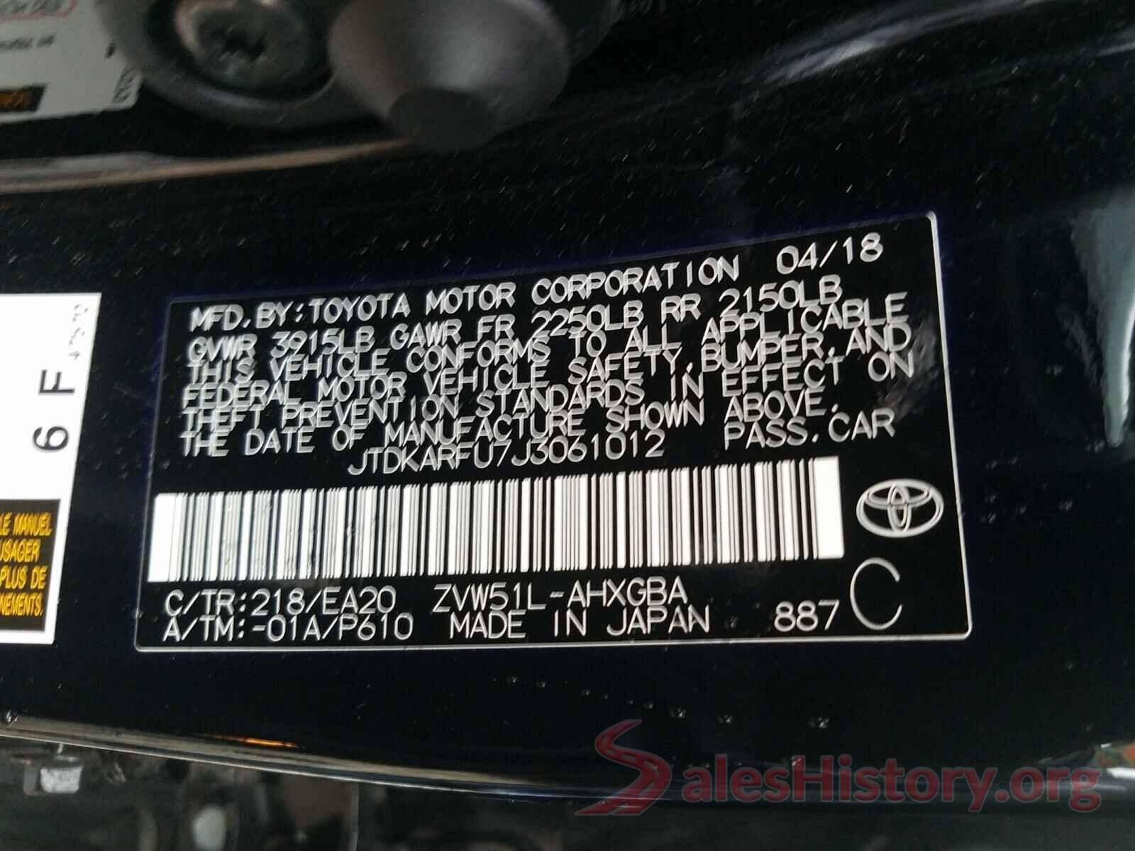 JTDKARFU7J3061012 2018 TOYOTA PRIUS