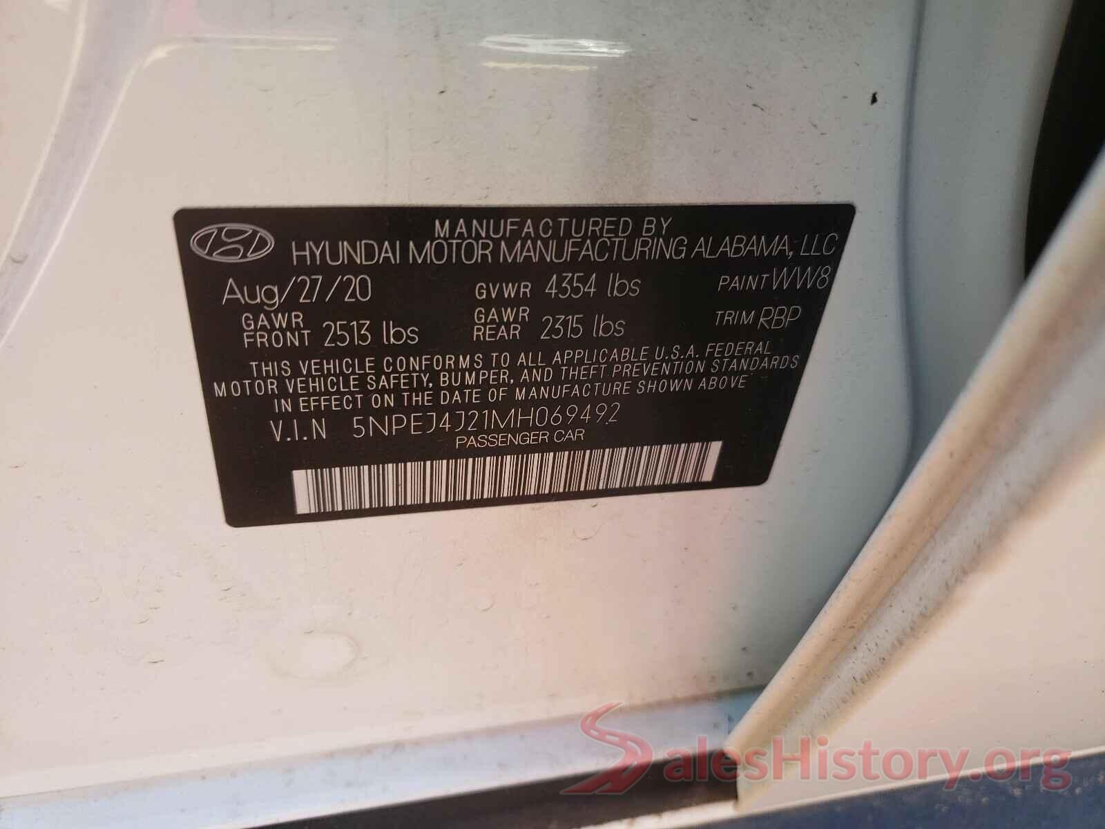 5NPEJ4J21MH069492 2021 HYUNDAI SONATA