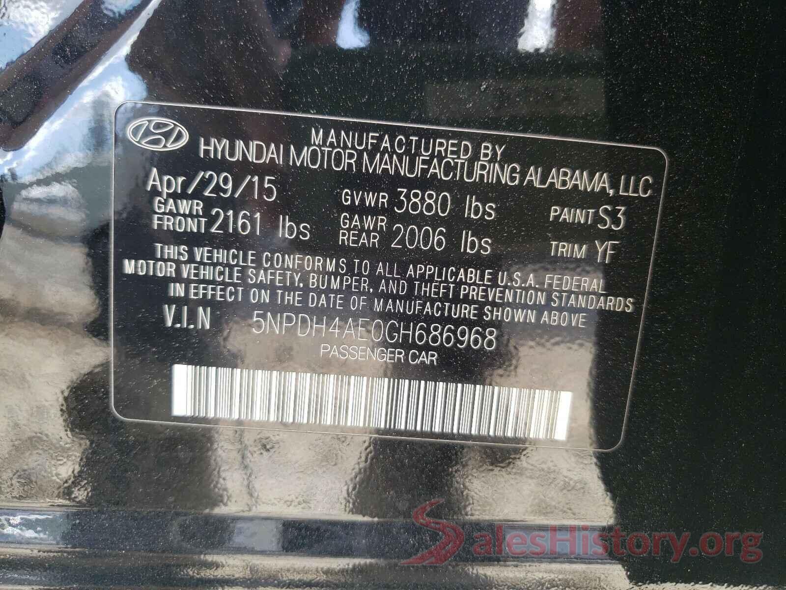 5NPDH4AE0GH686968 2016 HYUNDAI ELANTRA