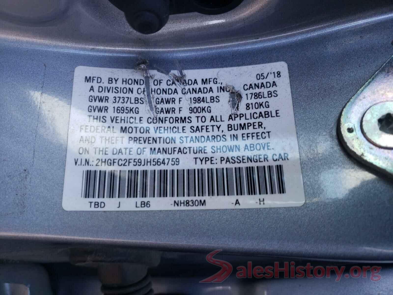 2HGFC2F59JH564759 2018 HONDA CIVIC