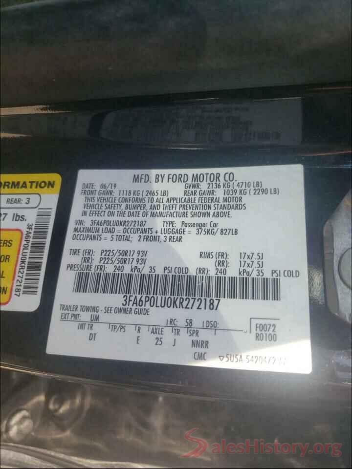 3FA6P0LU0KR272187 2019 FORD FUSION