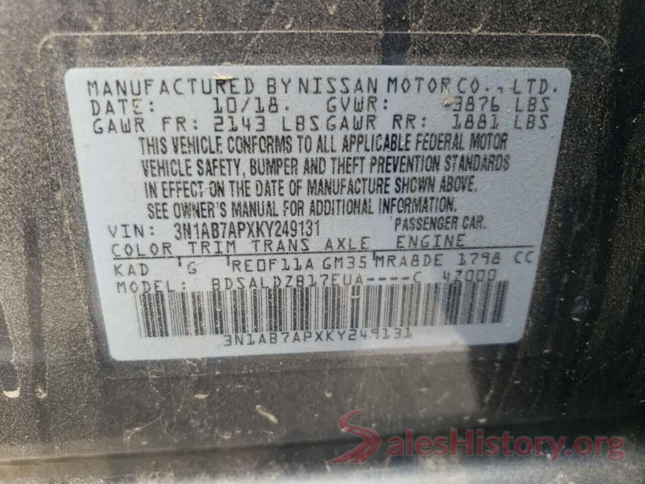 3N1AB7APXKY249131 2019 NISSAN SENTRA