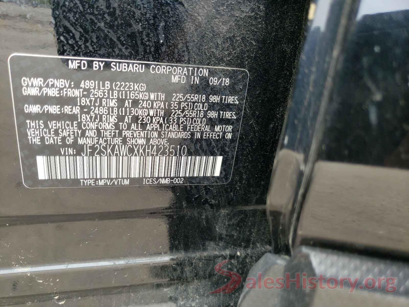 JF2SKAWCXKH423510 2019 SUBARU FORESTER