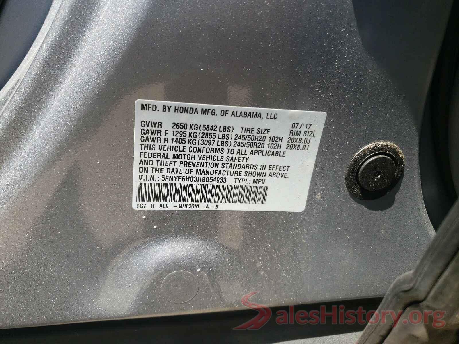 5FNYF6H03HB054933 2017 HONDA PILOT