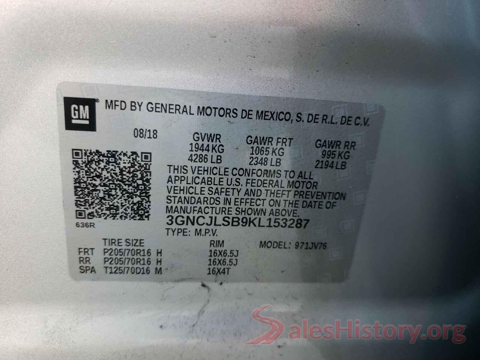 3GNCJLSB9KL153287 2019 CHEVROLET TRAX