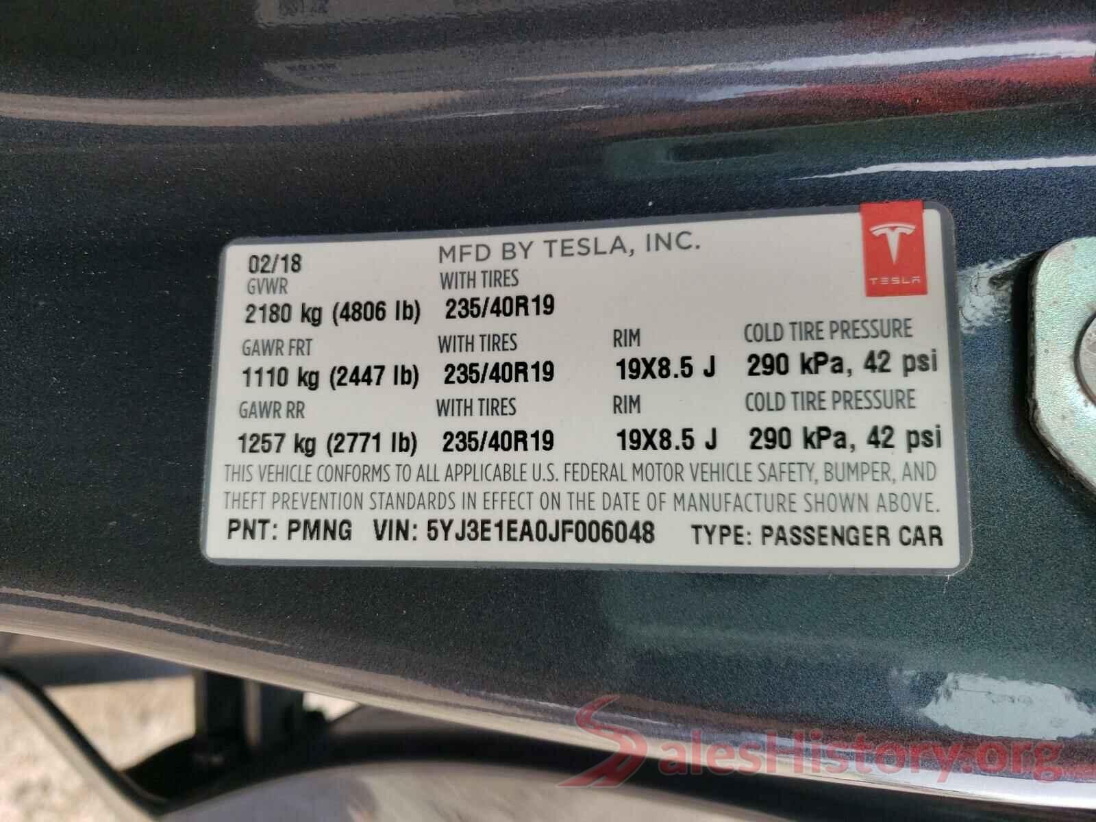 5YJ3E1EA0JF006048 2018 TESLA MODEL 3