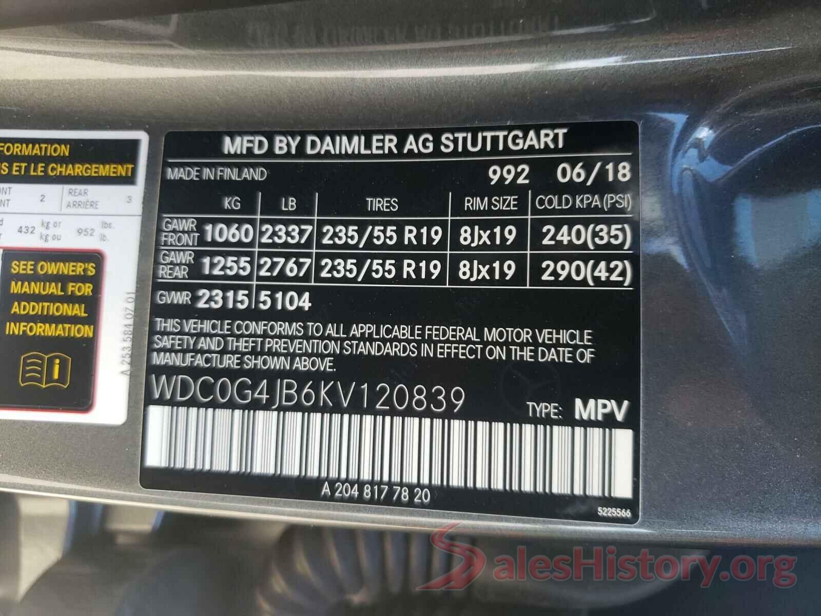 WDC0G4JB6KV120839 2019 MERCEDES-BENZ G CLASS