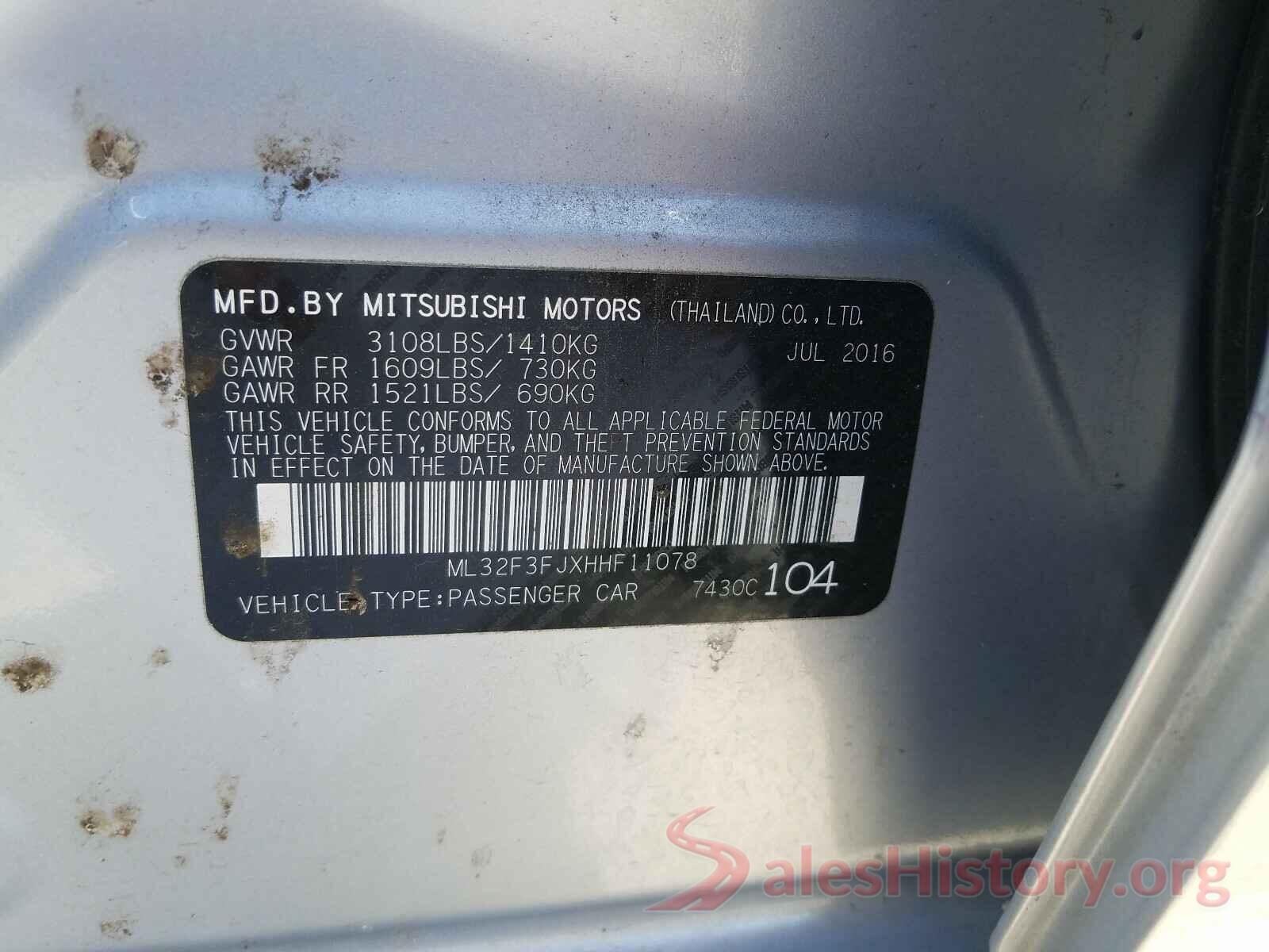 ML32F3FJXHHF11078 2017 MITSUBISHI MIRAGE