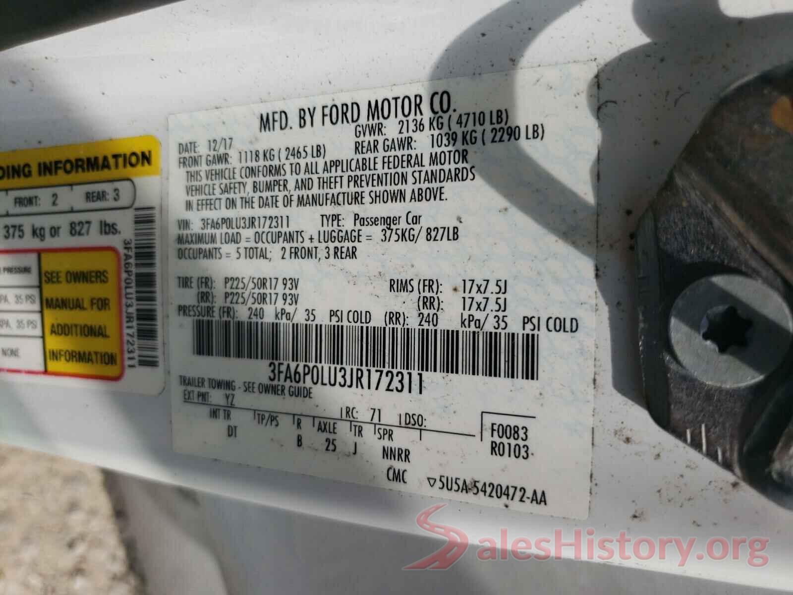 3FA6P0LU3JR172311 2018 FORD FUSION