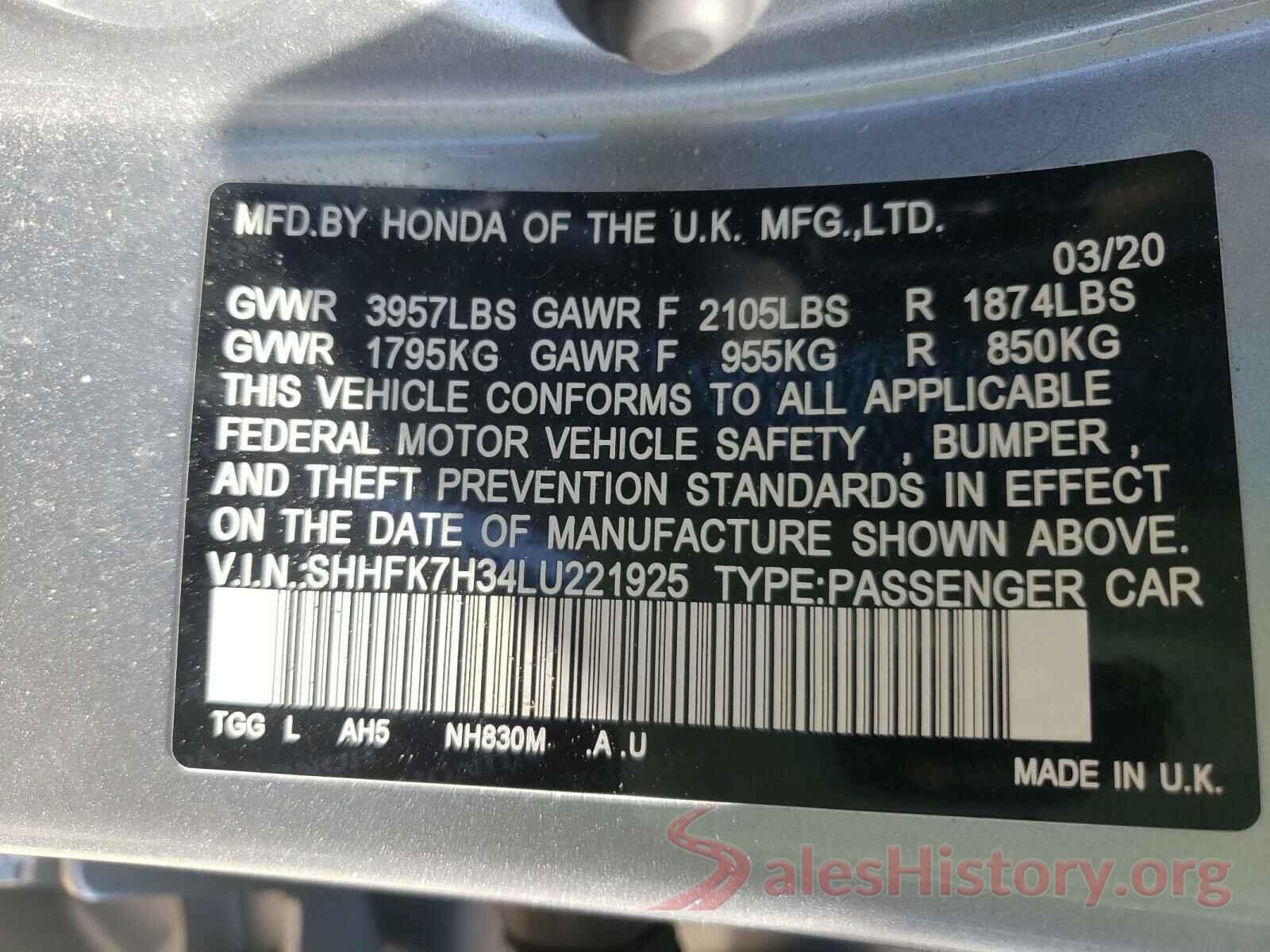 SHHFK7H34LU221925 2020 HONDA CIVIC