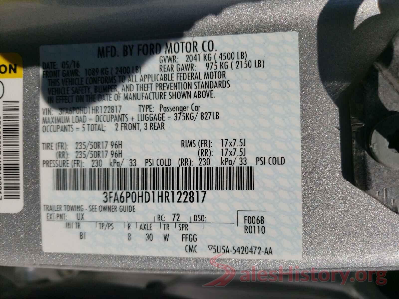 3FA6P0HD1HR122817 2017 FORD FUSION