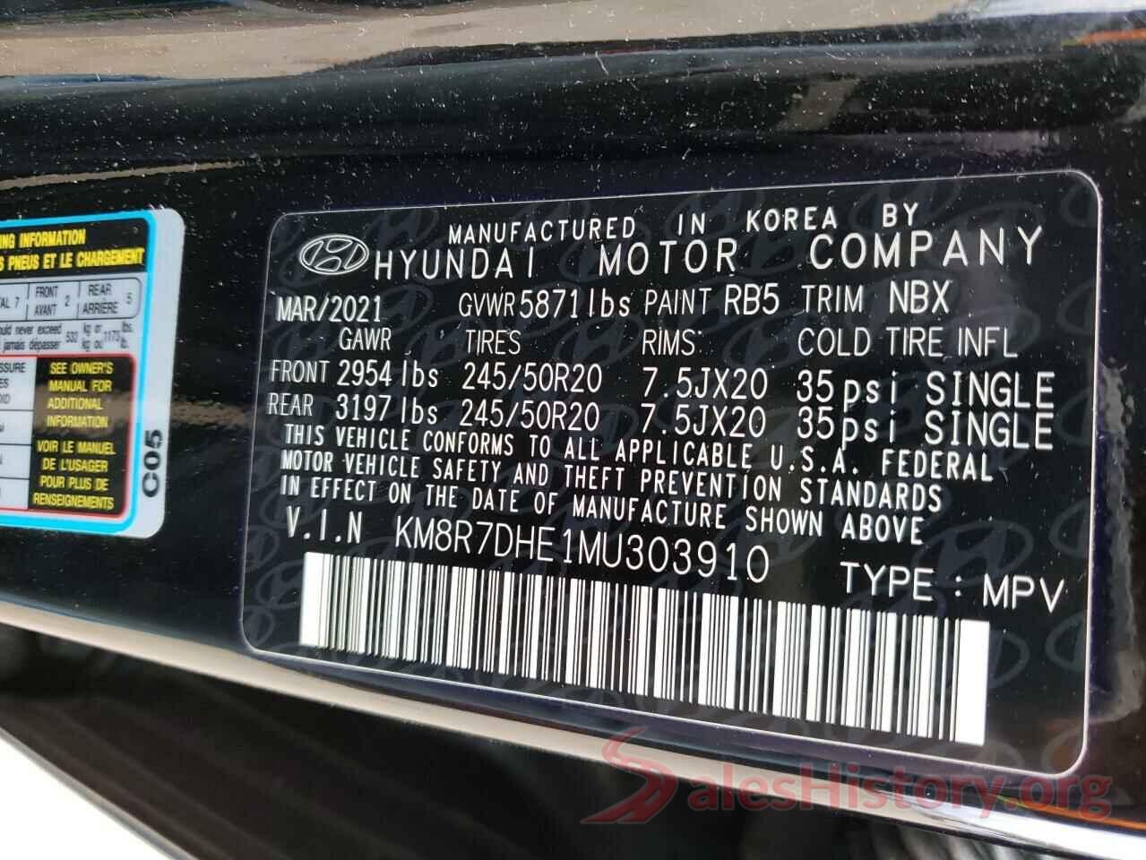 KM8R7DHE1MU303910 2021 HYUNDAI PALISADE