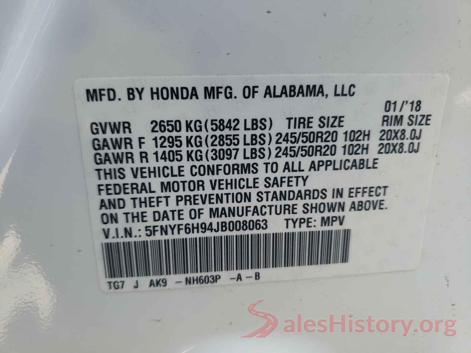 5FNYF6H94JB008063 2018 HONDA PILOT