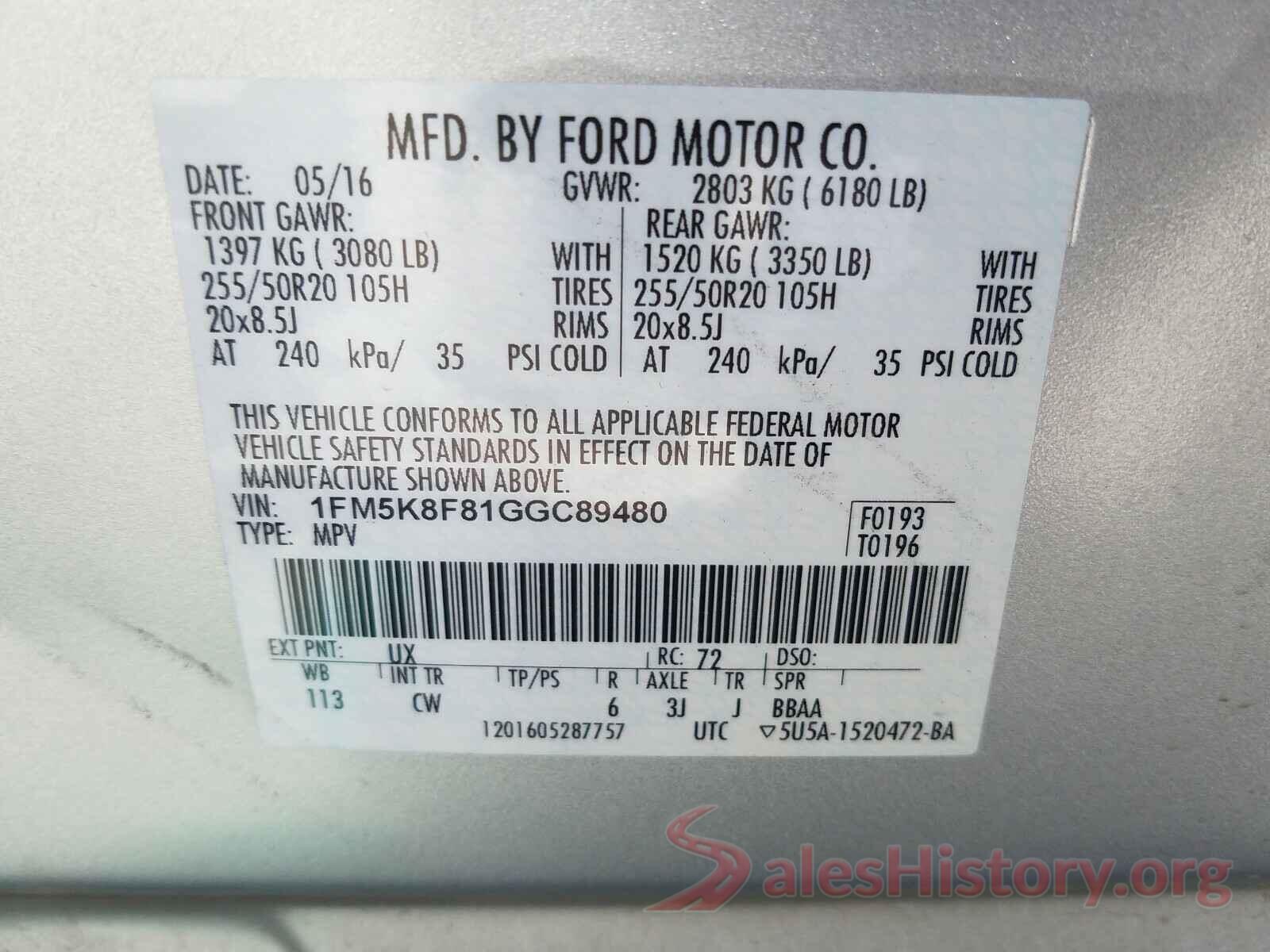 1FM5K8F81GGC89480 2016 FORD EXPLORER