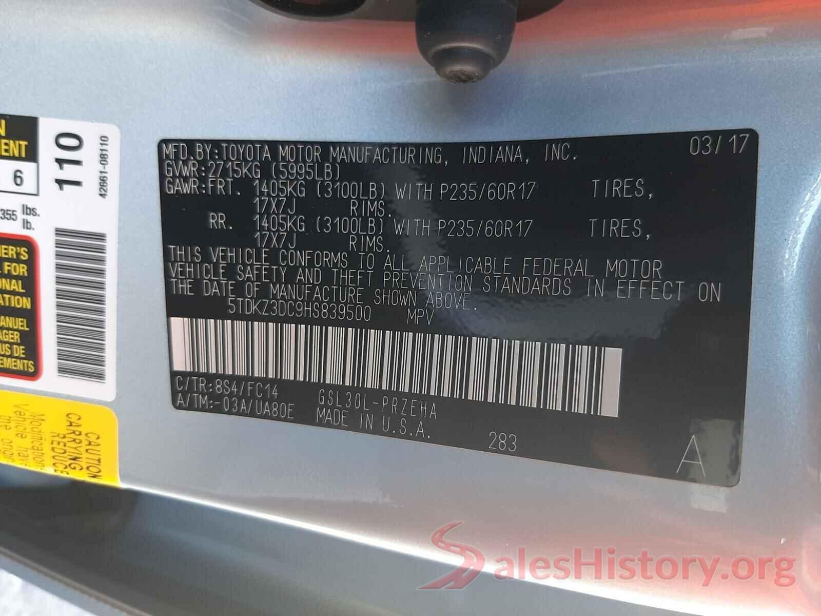 5TDKZ3DC9HS839500 2017 TOYOTA SIENNA