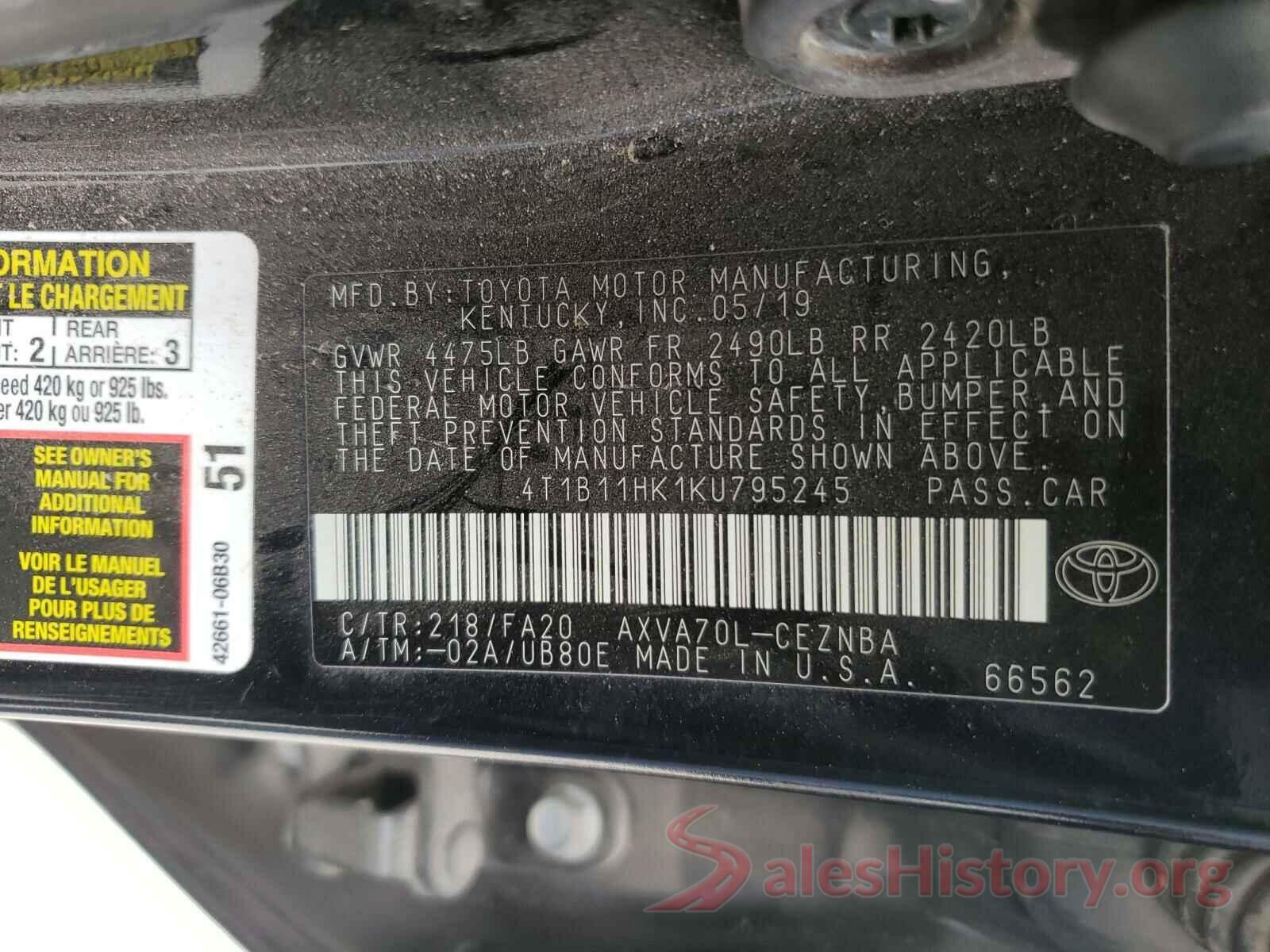 4T1B11HK1KU795245 2019 TOYOTA CAMRY