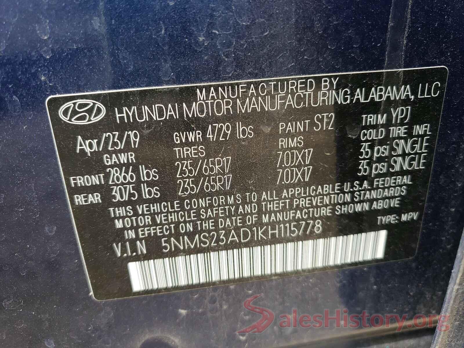 5NMS23AD1KH115778 2019 HYUNDAI SANTA FE