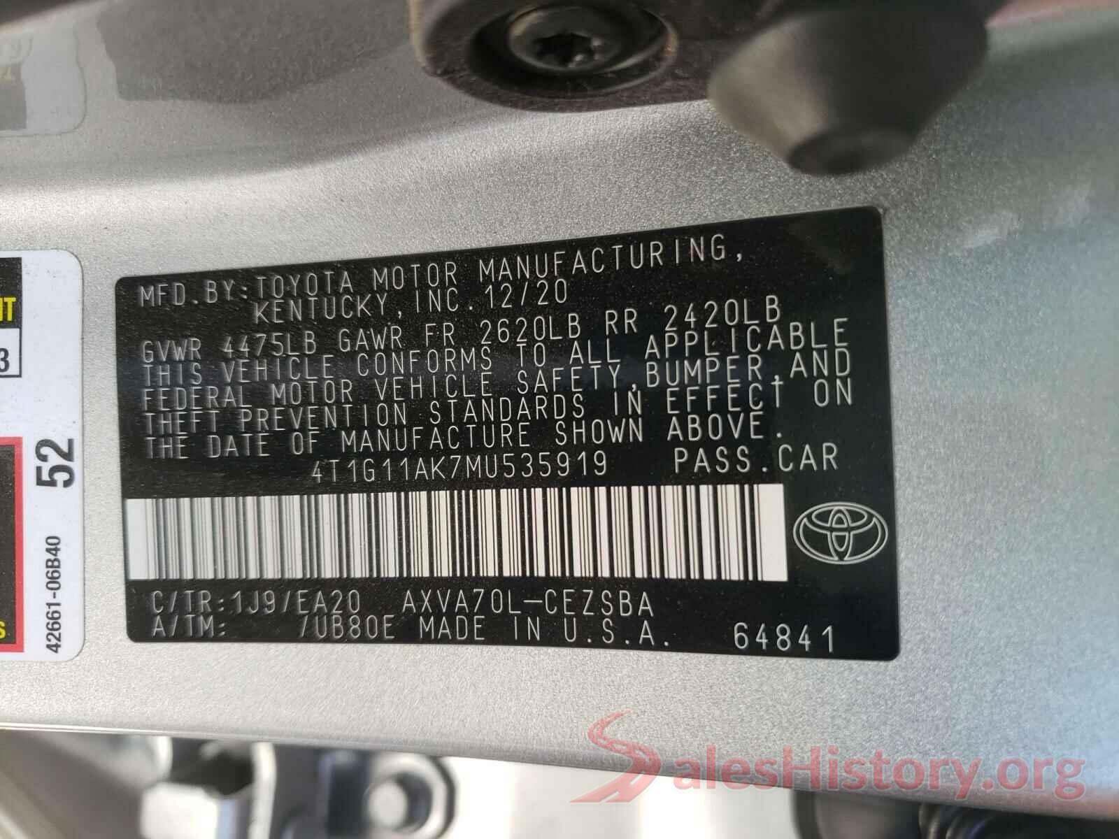 4T1G11AK7MU535919 2021 TOYOTA CAMRY