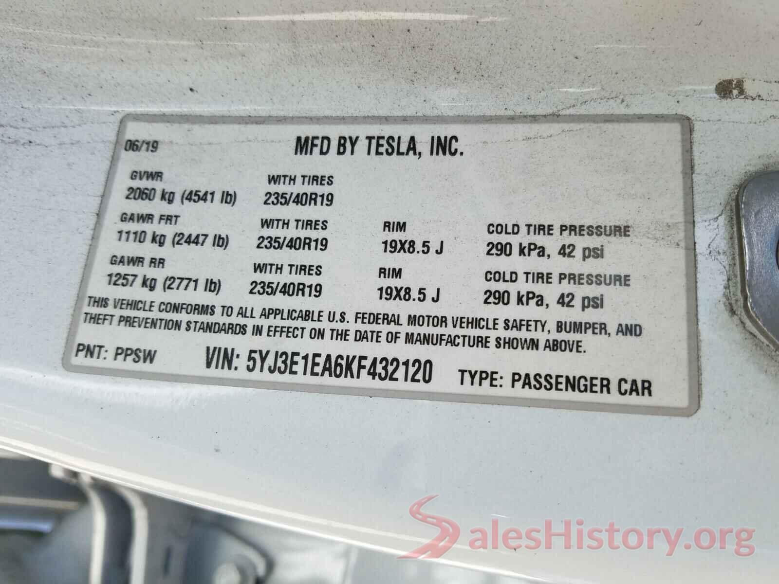 5YJ3E1EA6KF432120 2019 TESLA MODEL 3