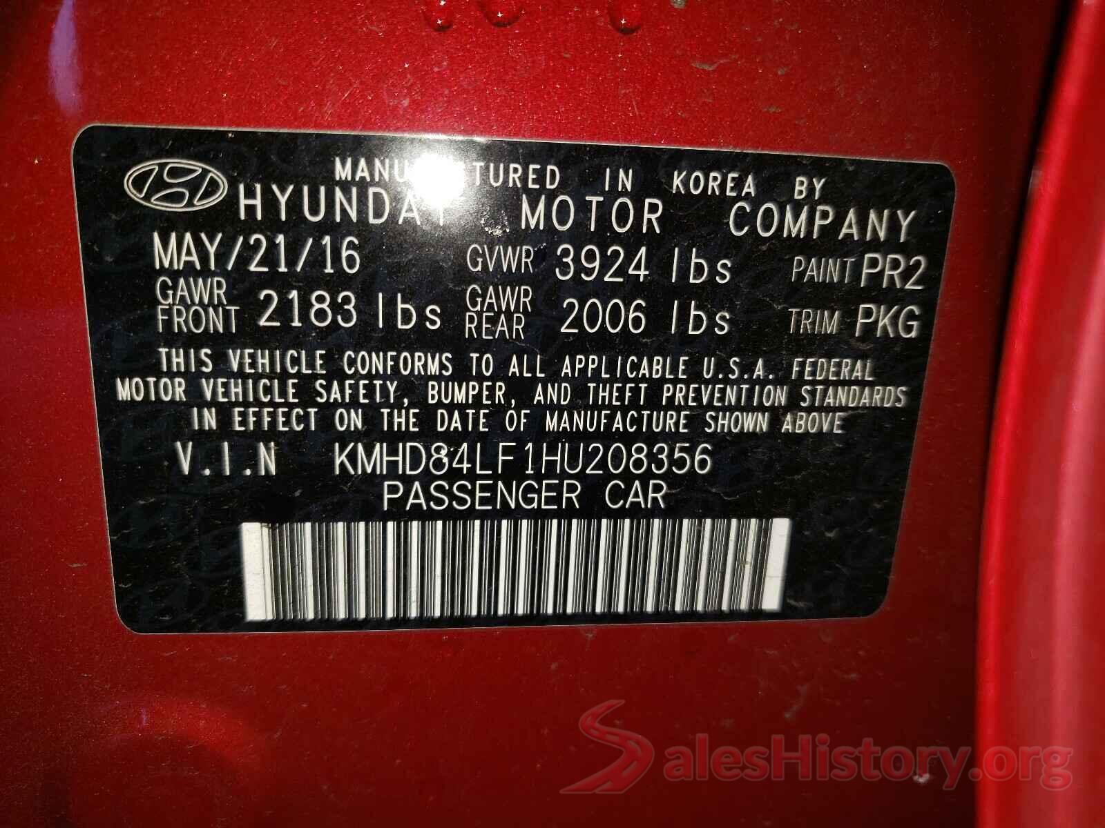 KMHD84LF1HU208356 2017 HYUNDAI ELANTRA