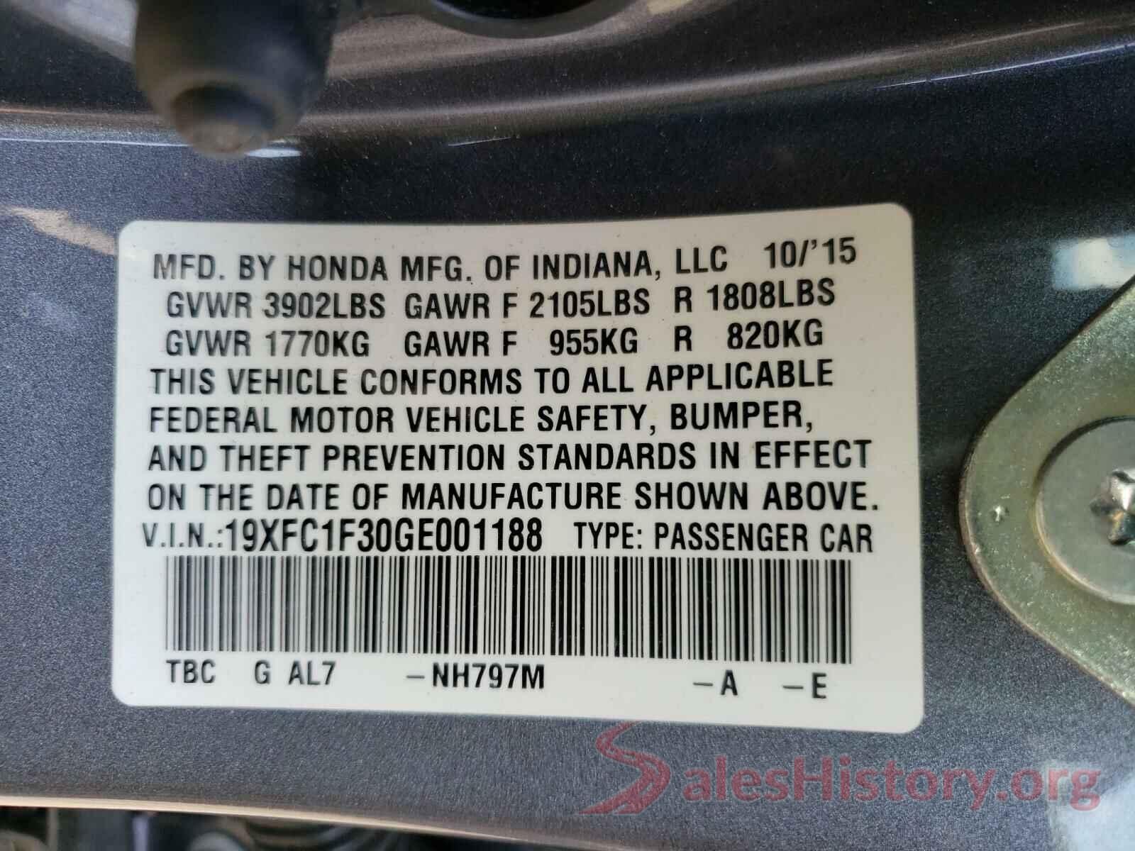 19XFC1F30GE001188 2016 HONDA CIVIC