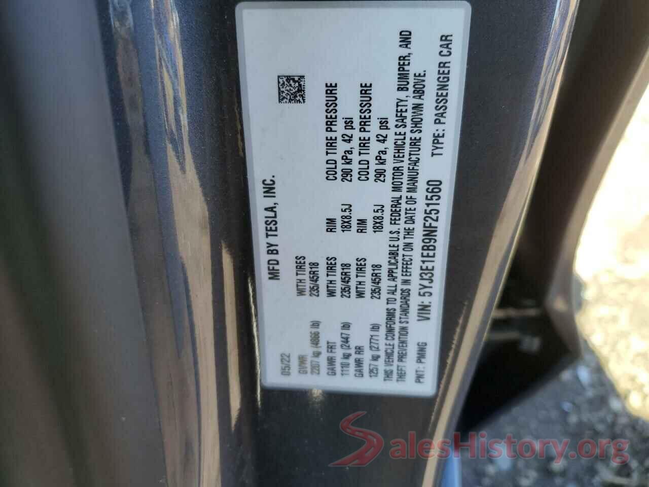 5YJ3E1EB9NF251560 2022 TESLA MODEL 3