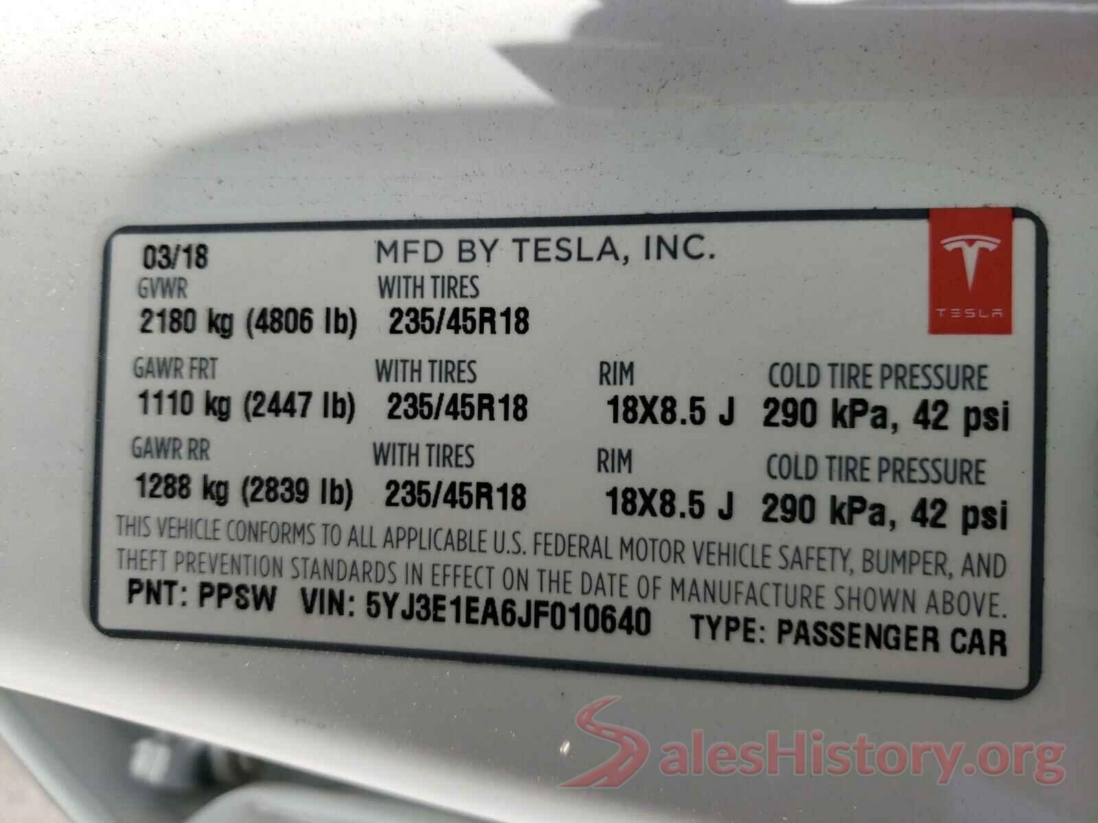 5YJ3E1EA6JF010640 2018 TESLA MODEL 3