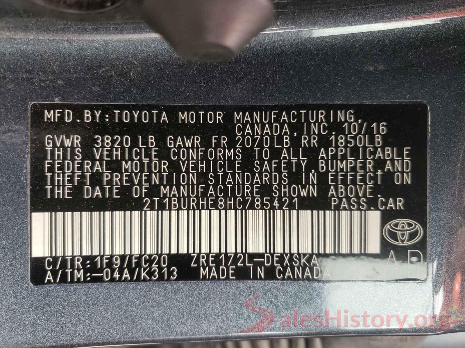 2T1BURHE8HC785421 2017 TOYOTA COROLLA