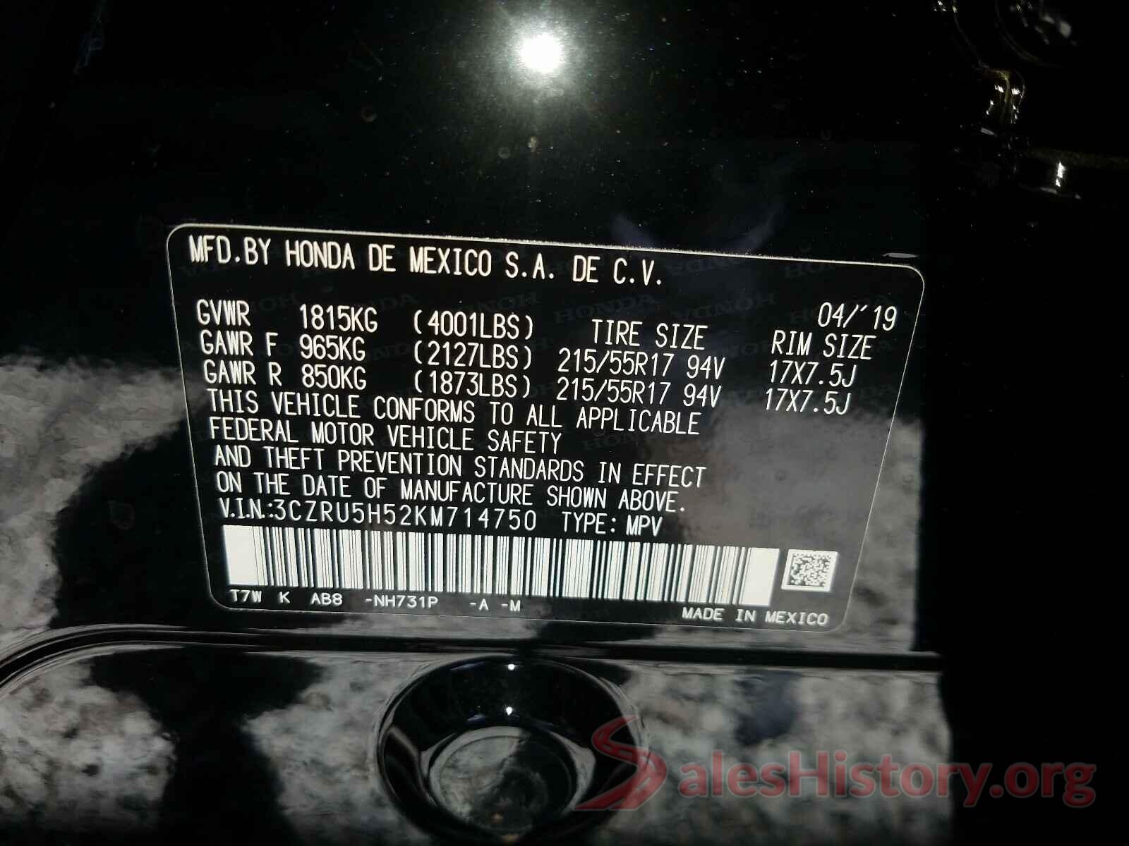 3CZRU5H52KM714750 2019 HONDA HR-V