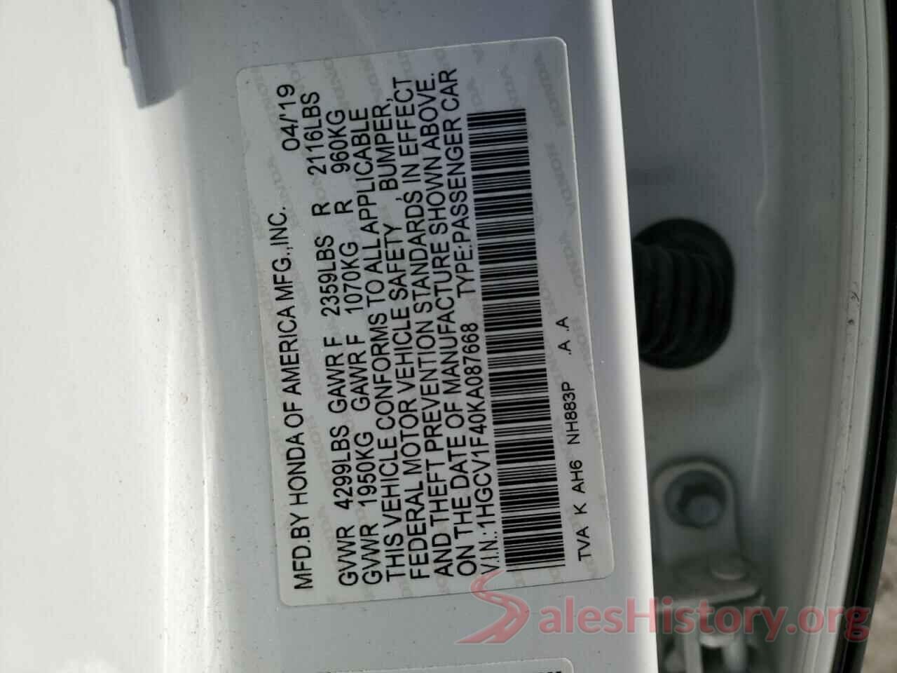 1HGCV1F40KA087668 2019 HONDA ACCORD