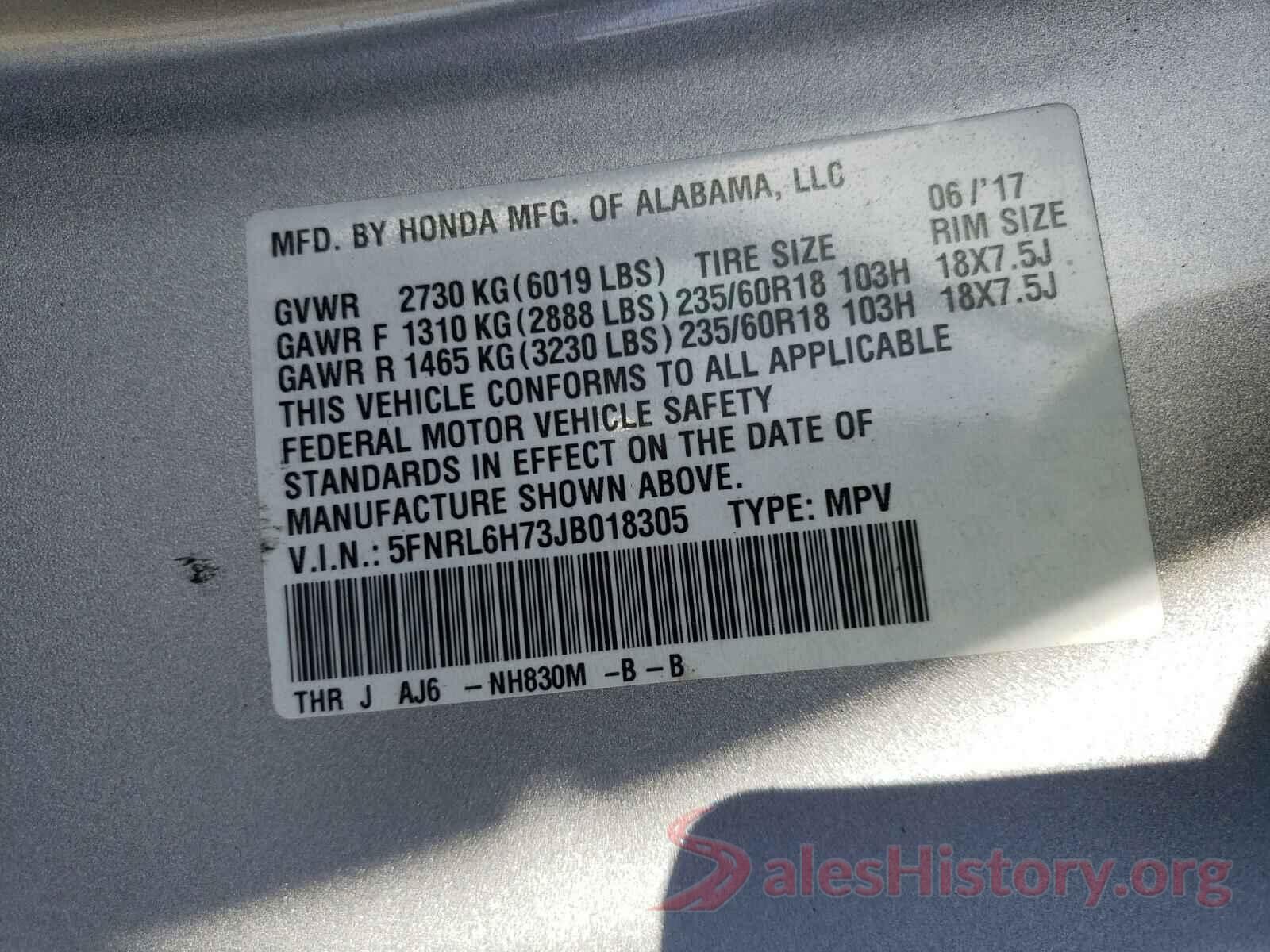 5FNRL6H73JB018305 2018 HONDA ODYSSEY