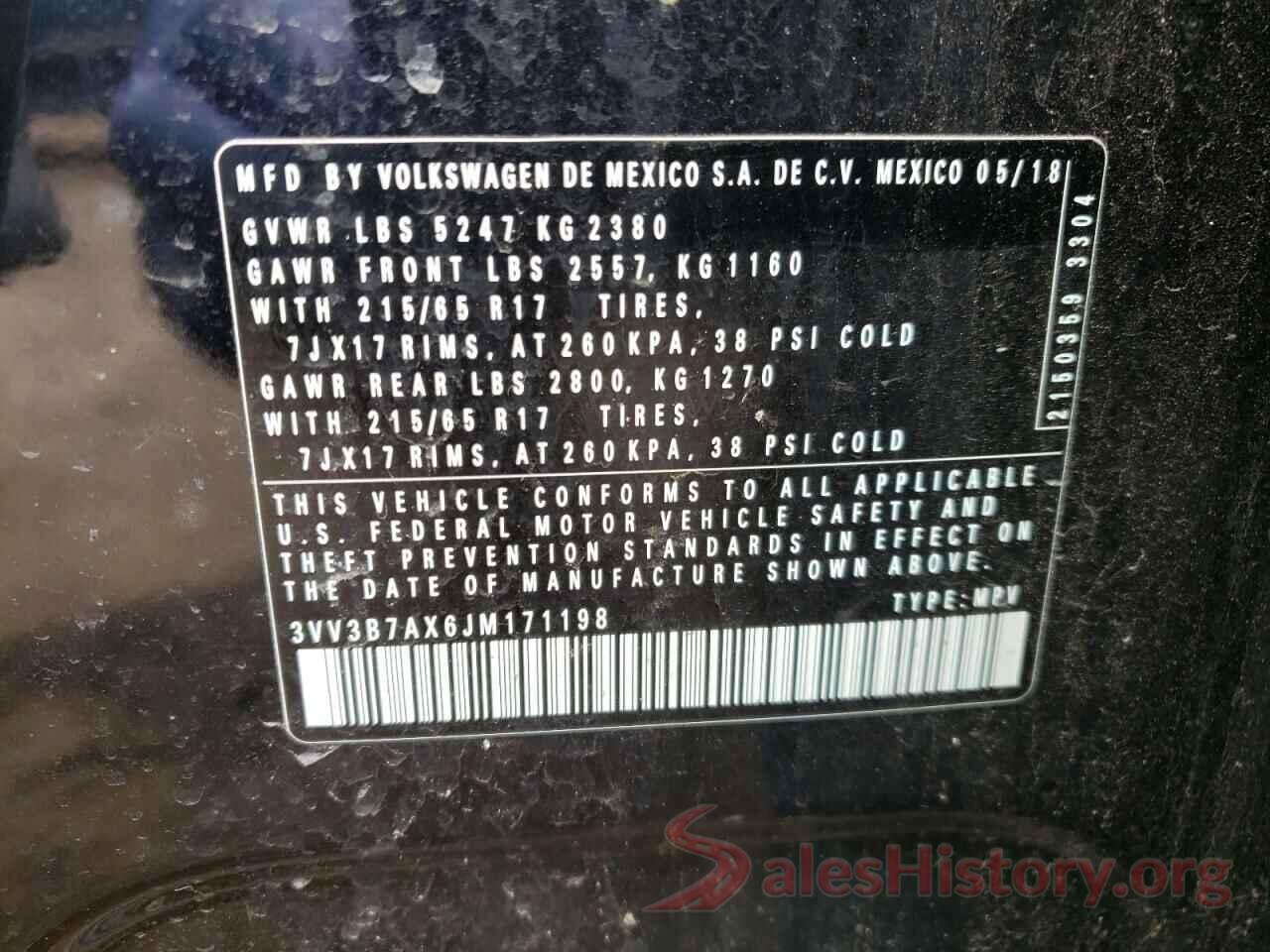 3VV3B7AX6JM171198 2018 VOLKSWAGEN TIGUAN