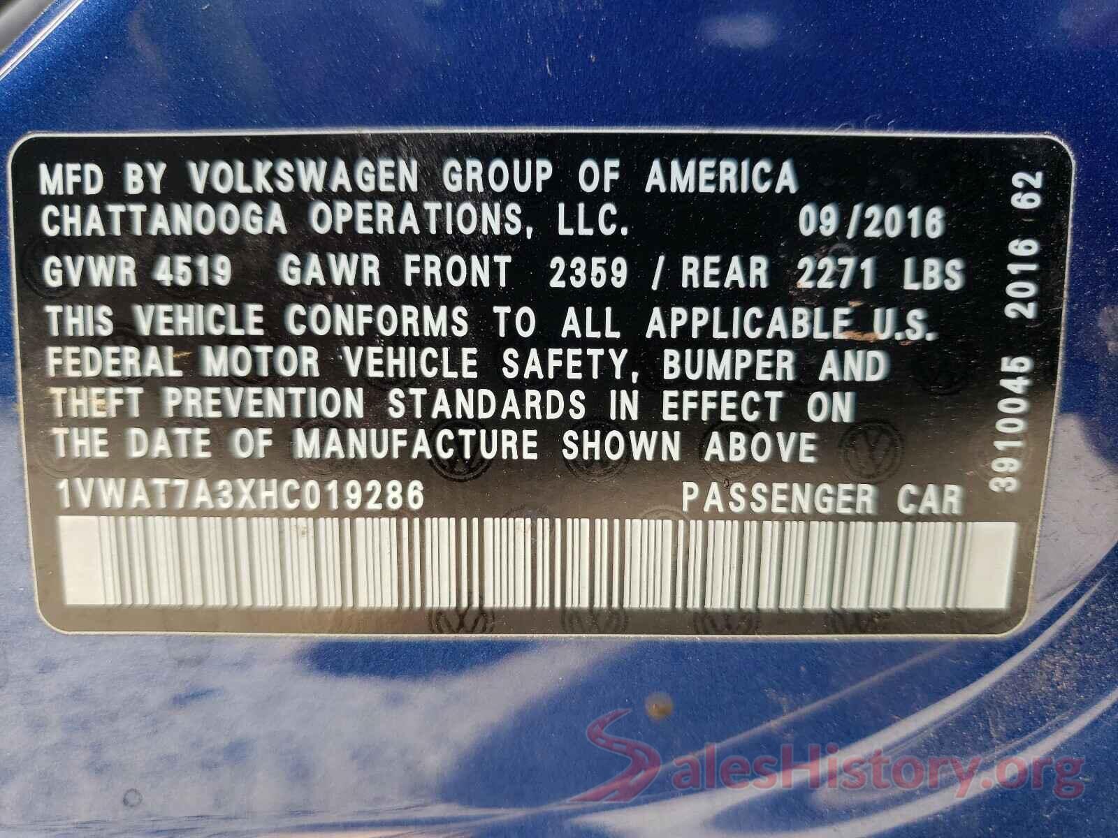 1VWAT7A3XHC019286 2017 VOLKSWAGEN PASSAT