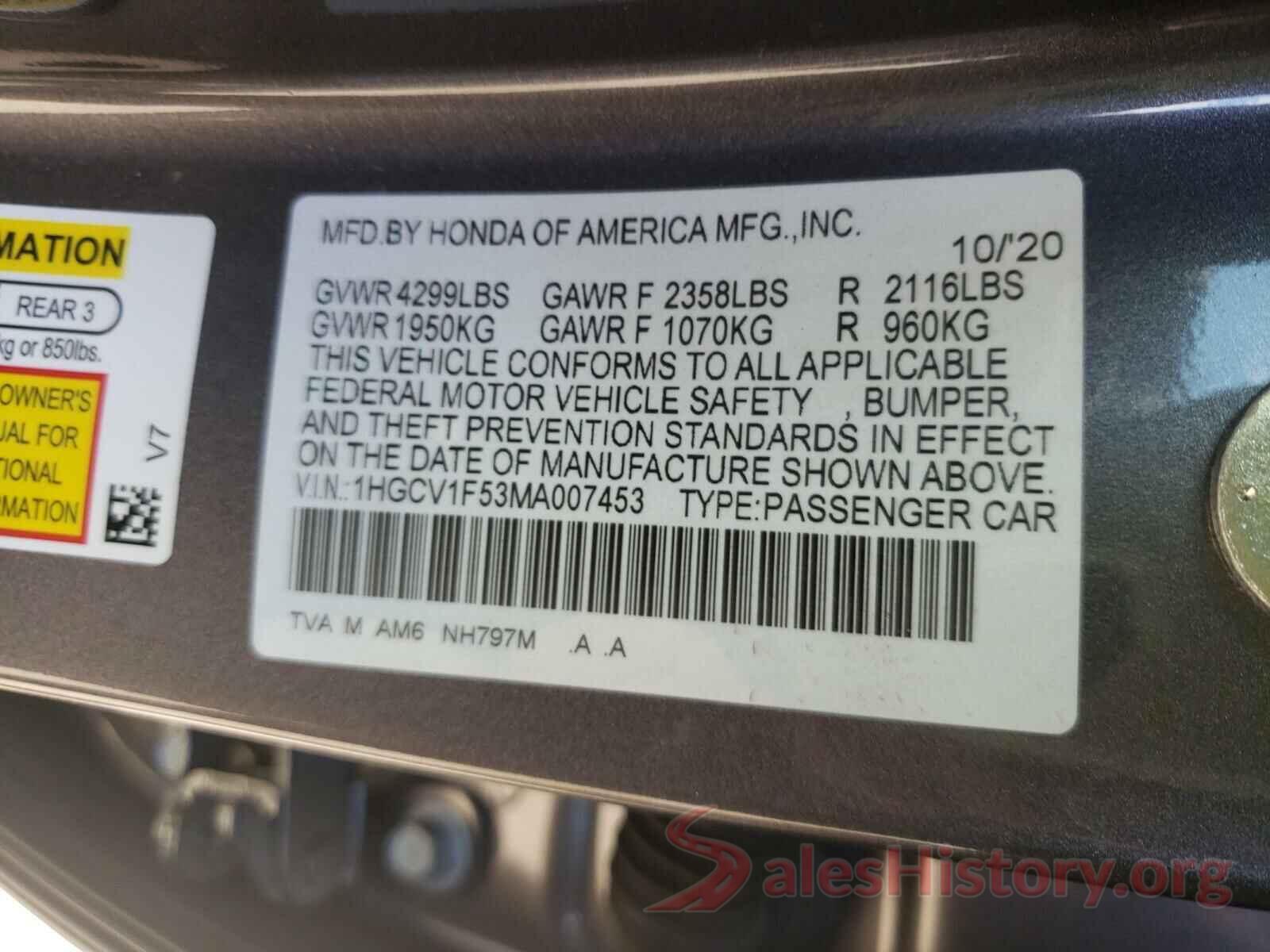 1HGCV1F53MA007453 2021 HONDA ACCORD