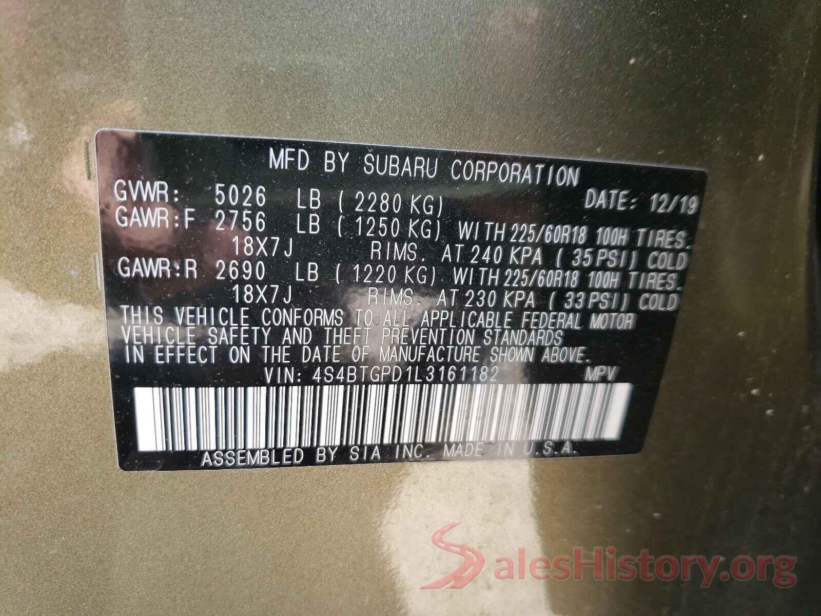 4S4BTGPD1L3161182 2020 SUBARU OUTBACK