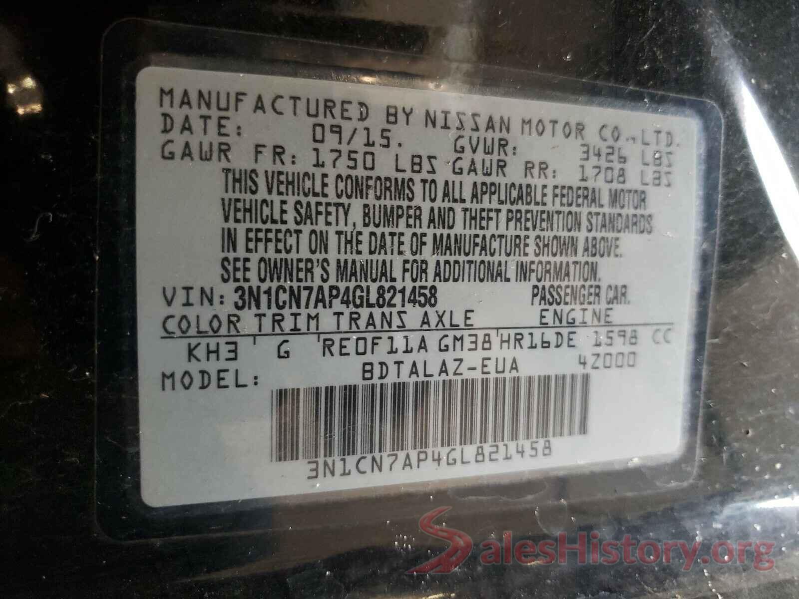 3N1CN7AP4GL821458 2016 NISSAN VERSA