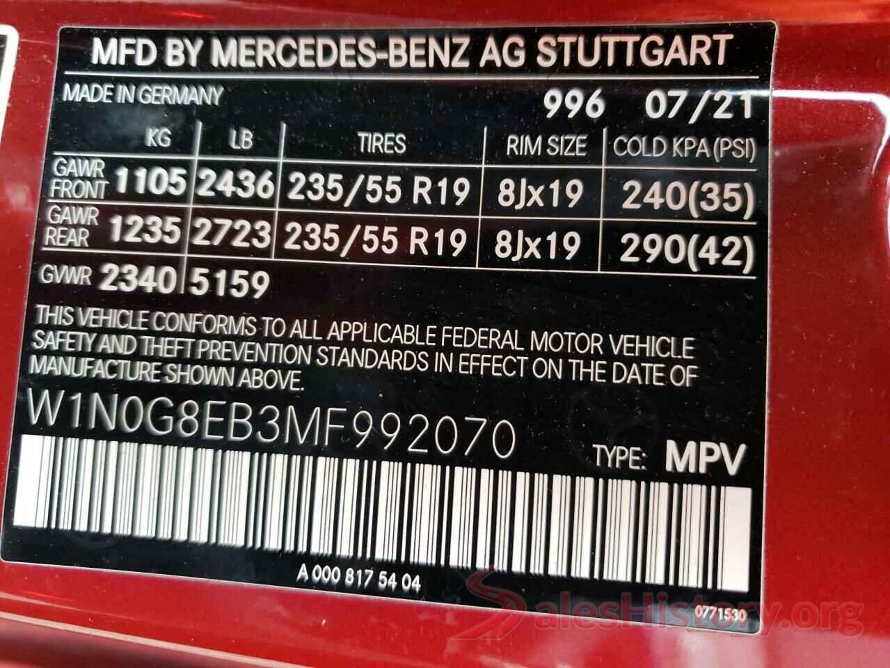 W1N0G8EB3MF992070 2021 MERCEDES-BENZ GLC-CLASS